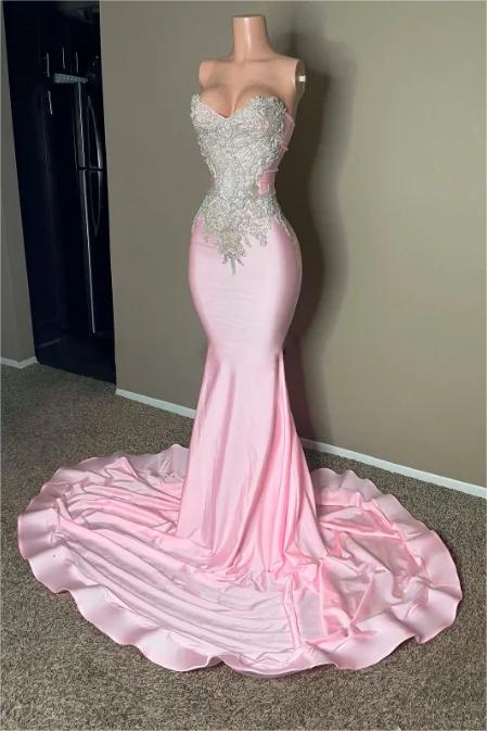 Stunning Pink Sleeveless Strapless Mermaid Long Prom Dress With Embroidery