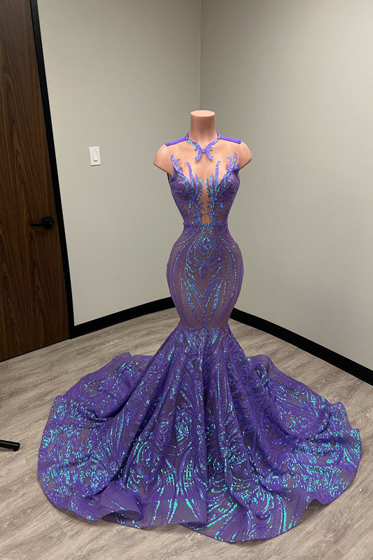 Stunning Sequins Light Crew Neck Sleeveless Long Tight Mermaid Prom Dress