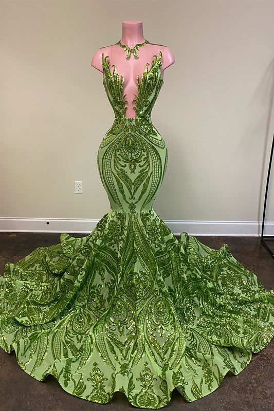 Stunning Sequins Light Crew Neck Sleeveless Long Tight Mermaid Prom Dress