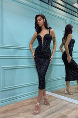 Stunning Sleeveless Pleated Short Mermaid Black Sequins Straps Prom Dress
