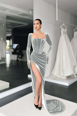Stunning Square Neck Long Sleeves Pleated Long Prom Dress With Side Split