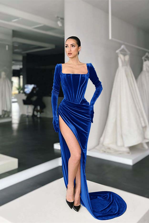 Stunning Square Neck Long Sleeves Pleated Long Prom Dress With Side Split