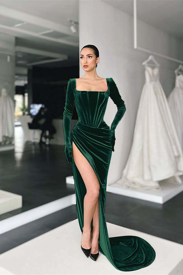 Stunning Square Neck Long Sleeves Pleated Long Prom Dress With Side Split