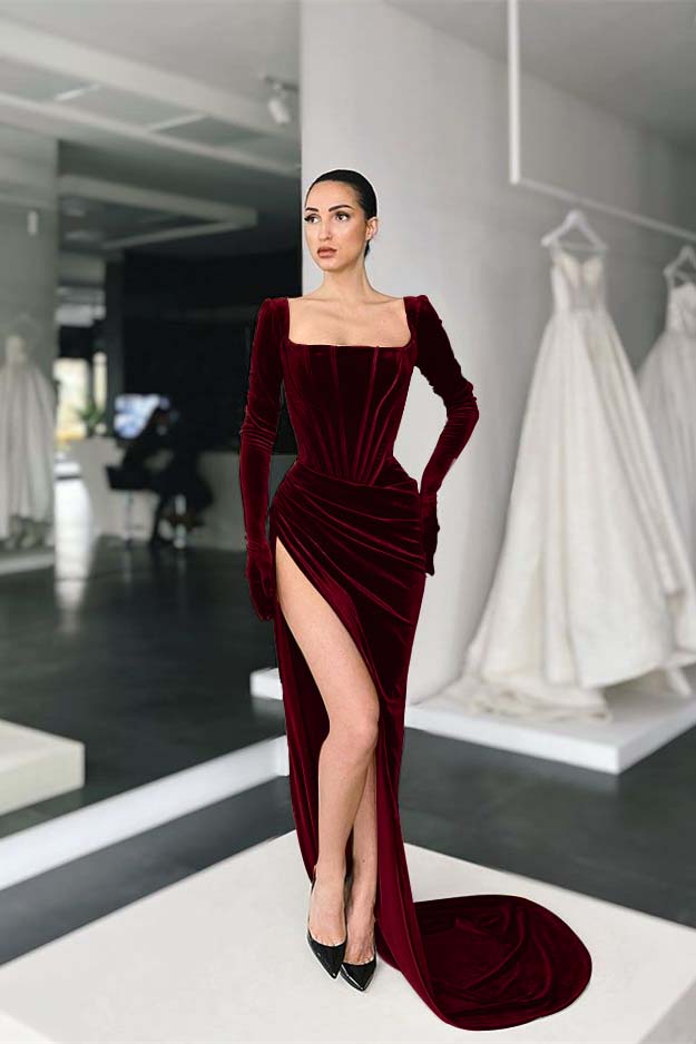 Stunning Square Neck Long Sleeves Pleated Long Prom Dress With Side Split