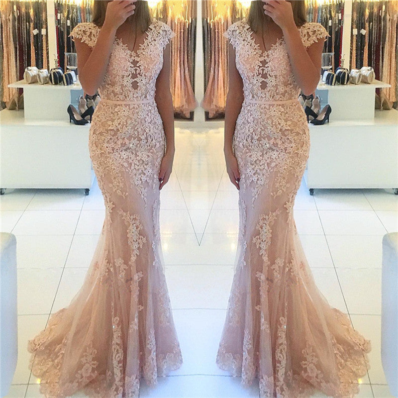Stunning Tulle Lace Appliques Mermaid Cap Sleeves Long Prom Dress With Belt