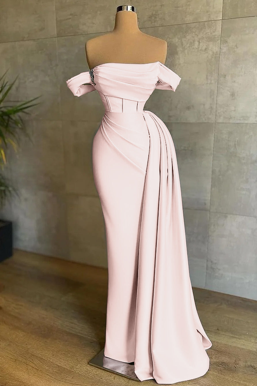 Stunning White Strapless Mermaid Pleated Long Prom Dress Off the Shoulder
