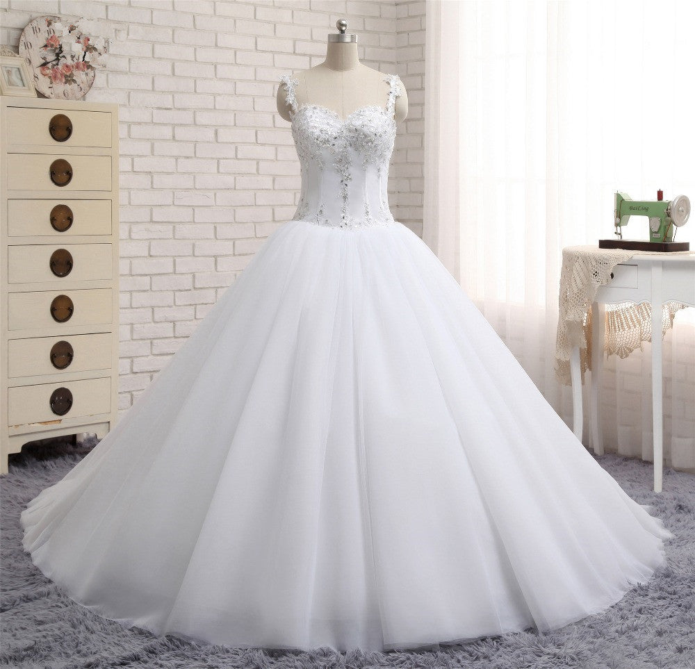 Stunning White Tulle Lace Wedding Dress Strapless Sweetheart Beadings Bridal Gowns with Appliques-27dress