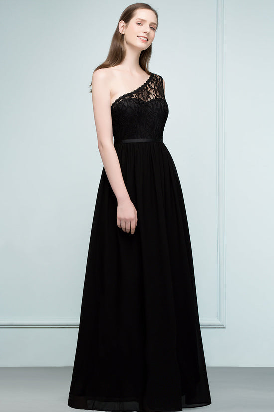Stylish Black Chiffon One-Shoulder Lace Affordable Bridesmaid Dresses-27dress