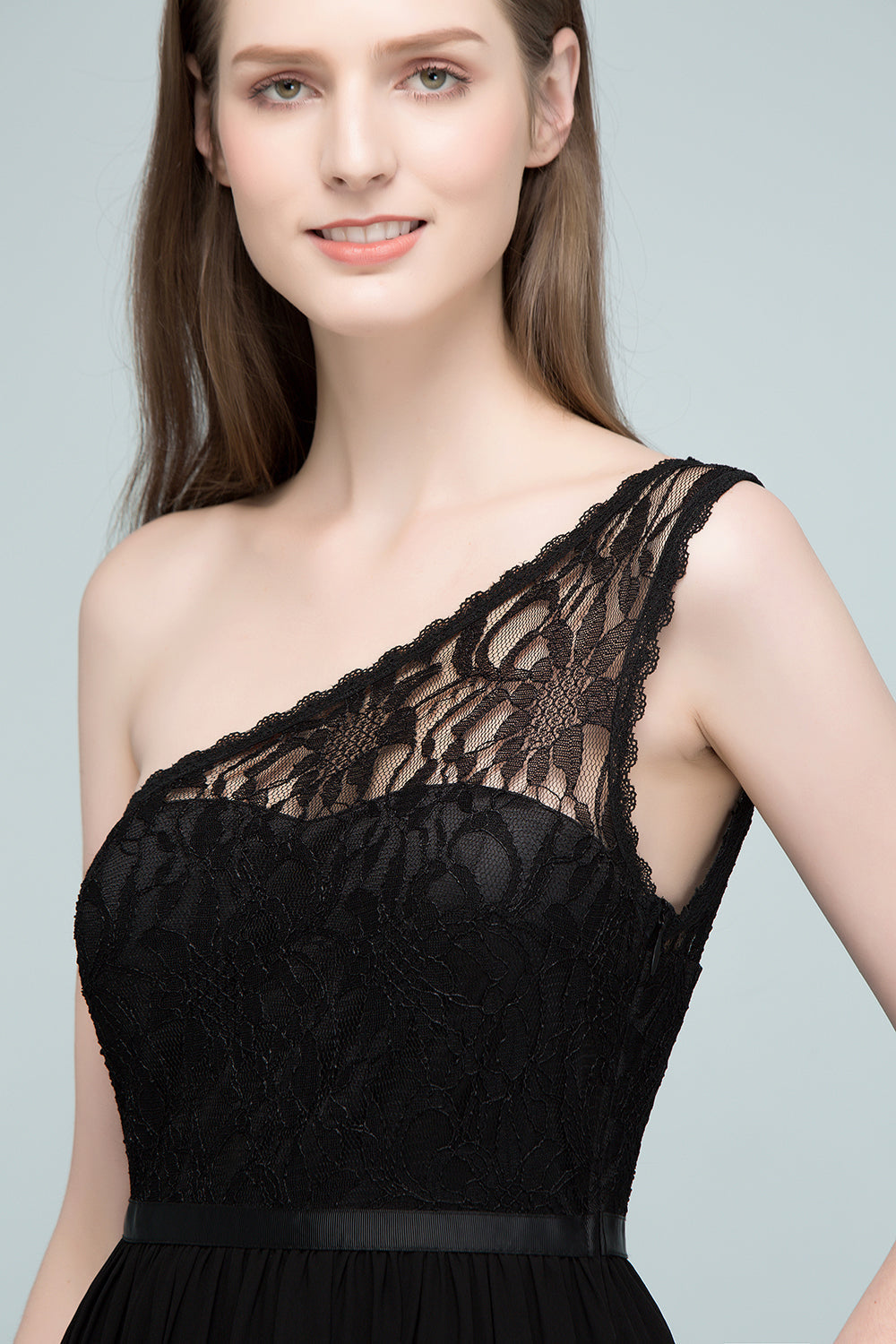 Stylish Black Chiffon One-Shoulder Lace Affordable Bridesmaid Dresses-27dress