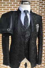 Stylish Sequins Shawl Lapel Three Pieces Black Wedding Suits