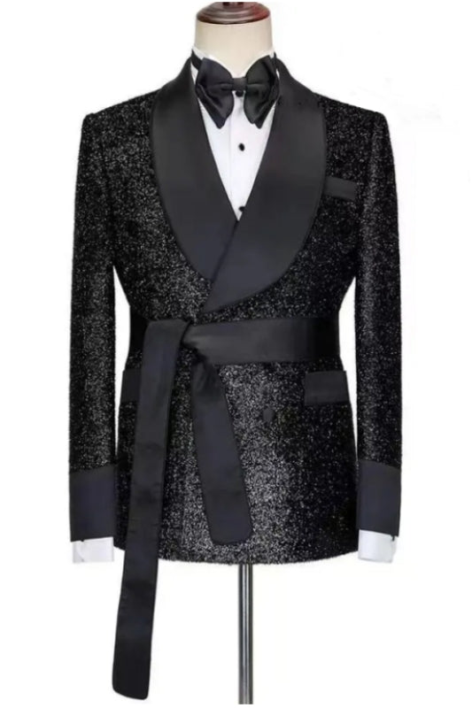 Stylish Shawl Lapel Two Pieces Sequins Black Wedding Suits