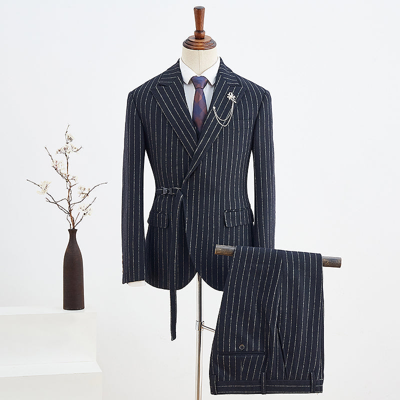 Stylish Black Striped With Adjustable Belt Slim Fit Business Suit