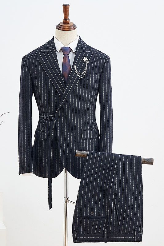 Stylish Black Striped With Adjustable Belt Slim Fit Business Suit
