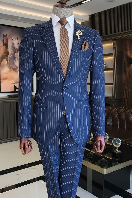 Stylish Notched Lapel Striped Blue Prom Suits For Men