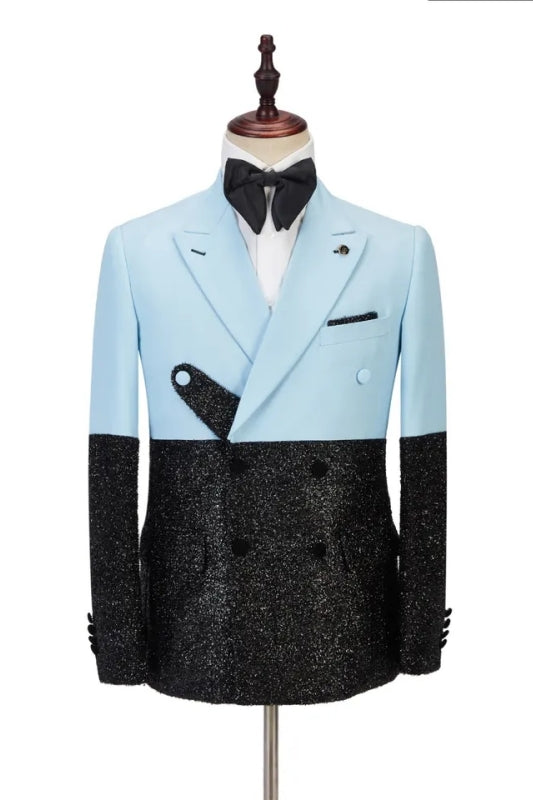Stylish Blue Peaked Lapel Double Breasted Slim Fit Men Suits For Prom
