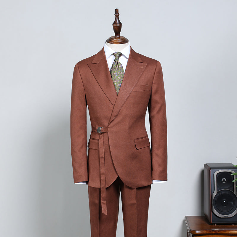 Stylish Caramel With Adjustable Belt Slim Fit Business Suit For Men