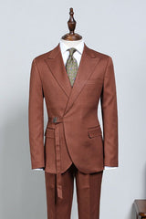 Stylish Caramel With Adjustable Belt Slim Fit Business Suit For Men