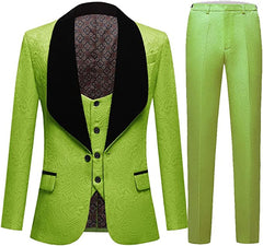 Stylish Three Pieces Jacquard Green Prom Suits With Black Velvet Shawl Lapel