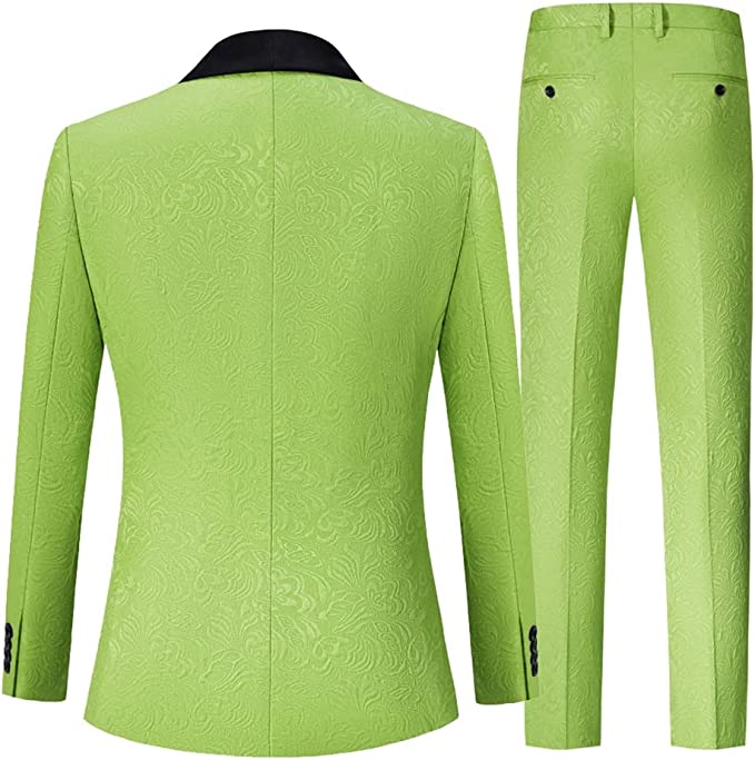 Stylish Three Pieces Jacquard Green Prom Suits With Black Velvet Shawl Lapel