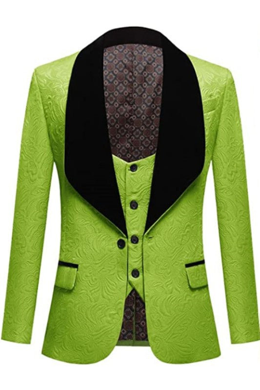 Stylish Three Pieces Jacquard Green Prom Suits With Black Velvet Shawl Lapel