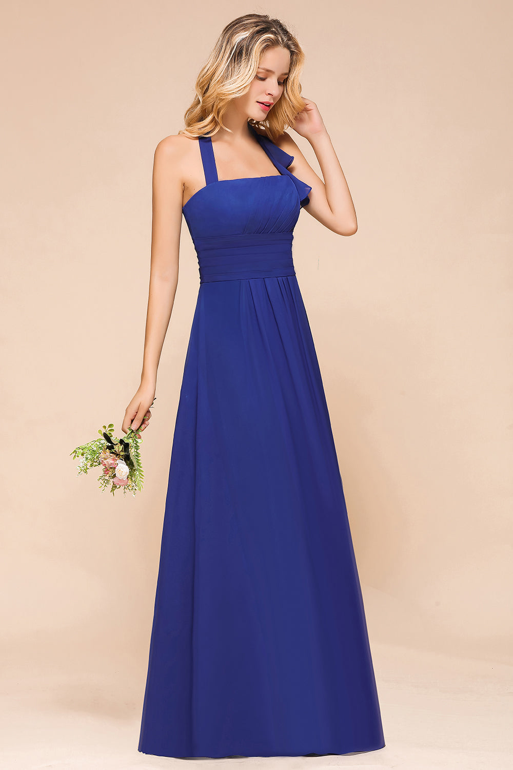 Stylish Halter Backless Royal Blue Bridesmaid Dress Affordable with Ru 27dress Stylish Halter Backless Royal Blue Bridesmaid Dress Affordable with Ru 27dress