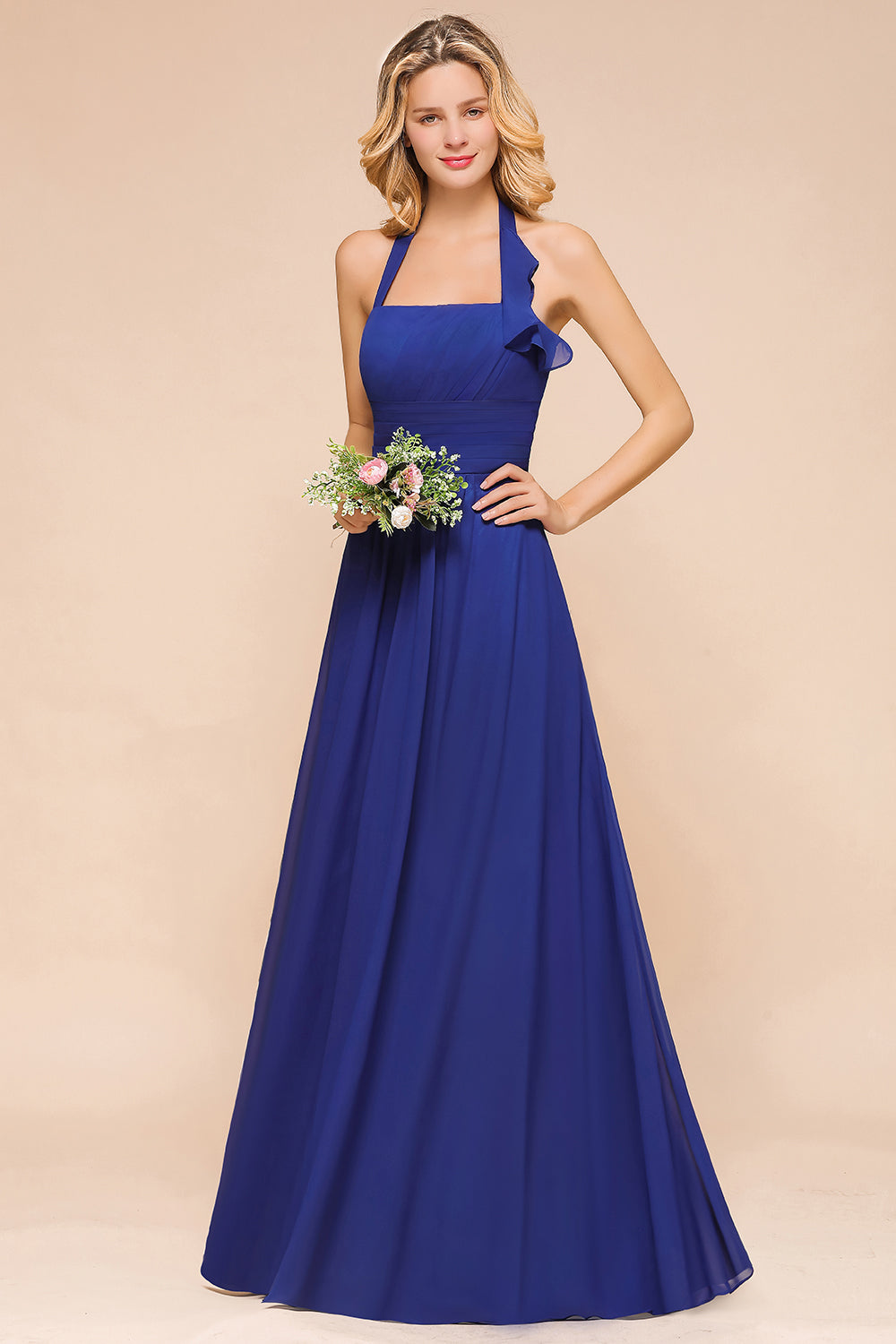 Stylish Halter Backless Royal Blue Bridesmaid Dress Affordable with Ru 27dress Stylish Halter Backless Royal Blue Bridesmaid Dress Affordable with Ru 27dress