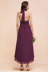 Stylish Hi-Lo Halter Grape Chiffon Affordable Bridesmaid Dresses with Ruffle-27dress