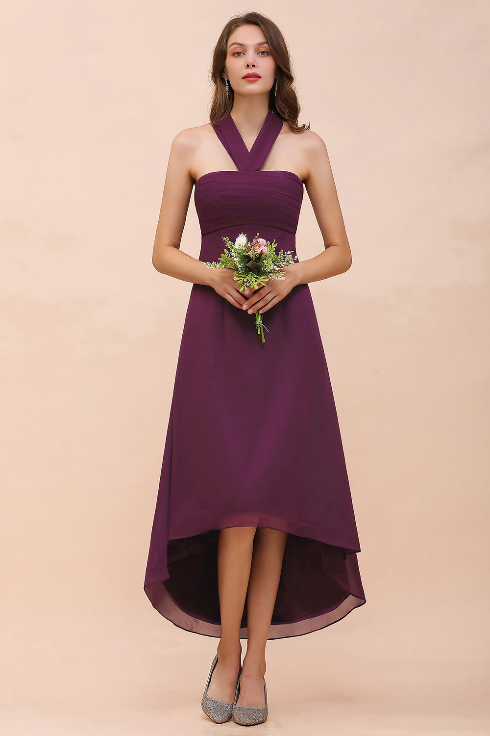 Stylish Hi-Lo Halter Grape Chiffon Affordable Bridesmaid Dresses with Ruffle-27dress