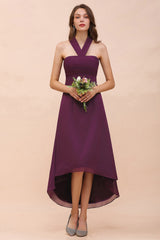 Stylish Hi-Lo Halter Grape Chiffon Affordable Bridesmaid Dresses with Ruffle-27dress