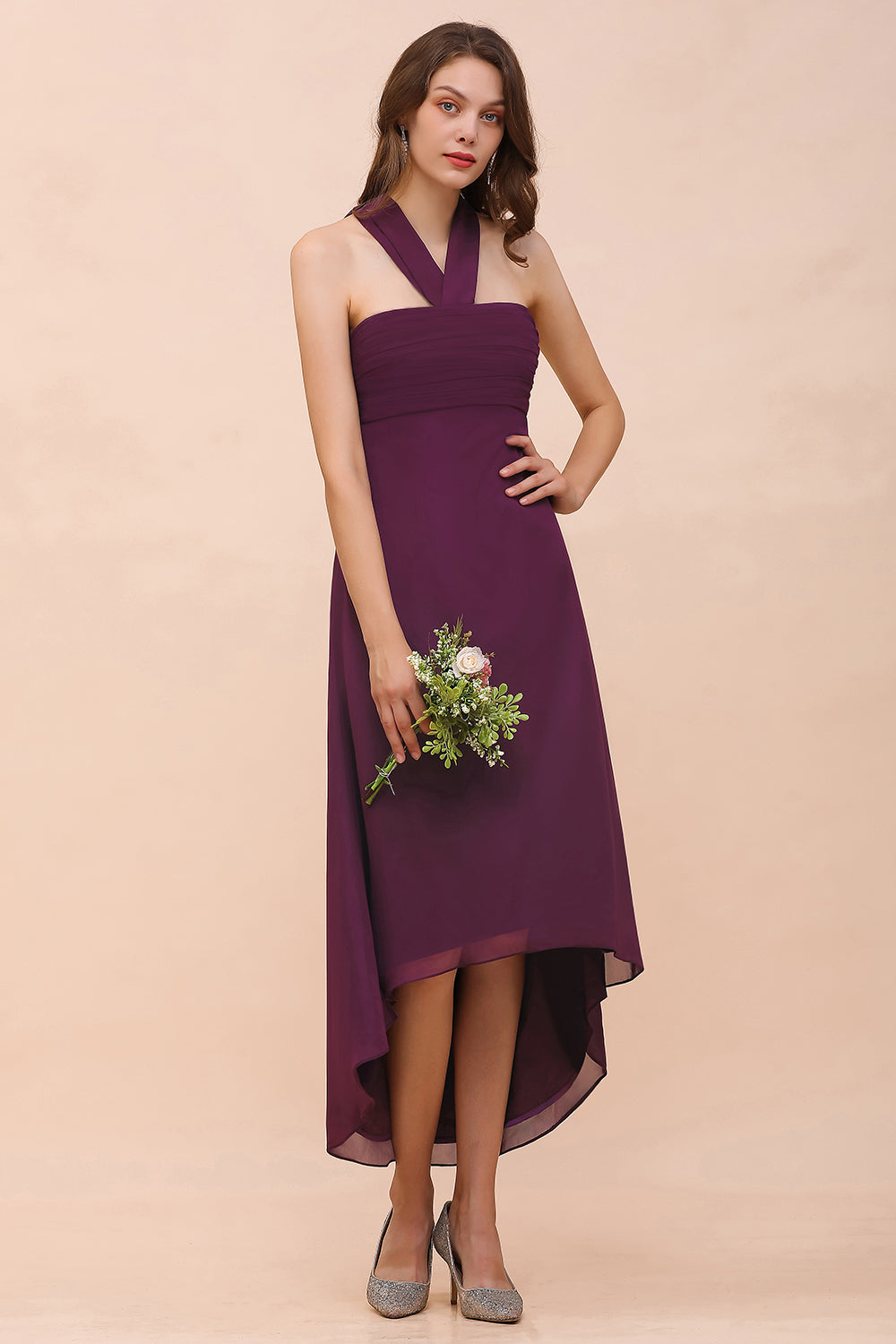 Stylish Hi-Lo Halter Grape Chiffon Affordable Bridesmaid Dresses with Ruffle-27dress
