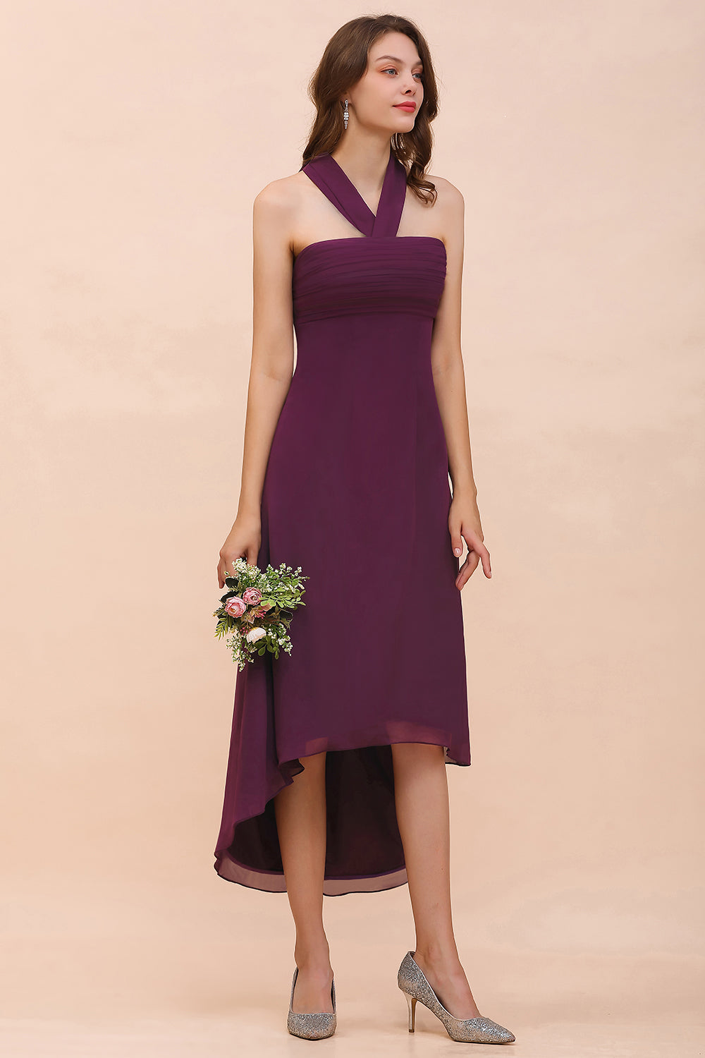 Stylish Hi-Lo Halter Grape Chiffon Affordable Bridesmaid Dresses with Ruffle-27dress