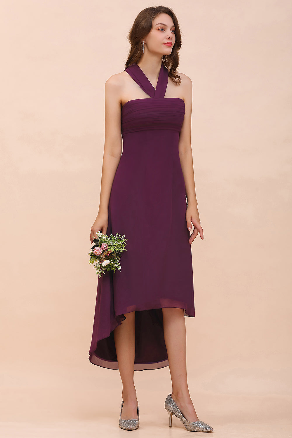 Load image into Gallery viewer, Stylish Hi-Lo Halter Grape Chiffon Affordable Bridesmaid Dresses with Ruffle-27dress
