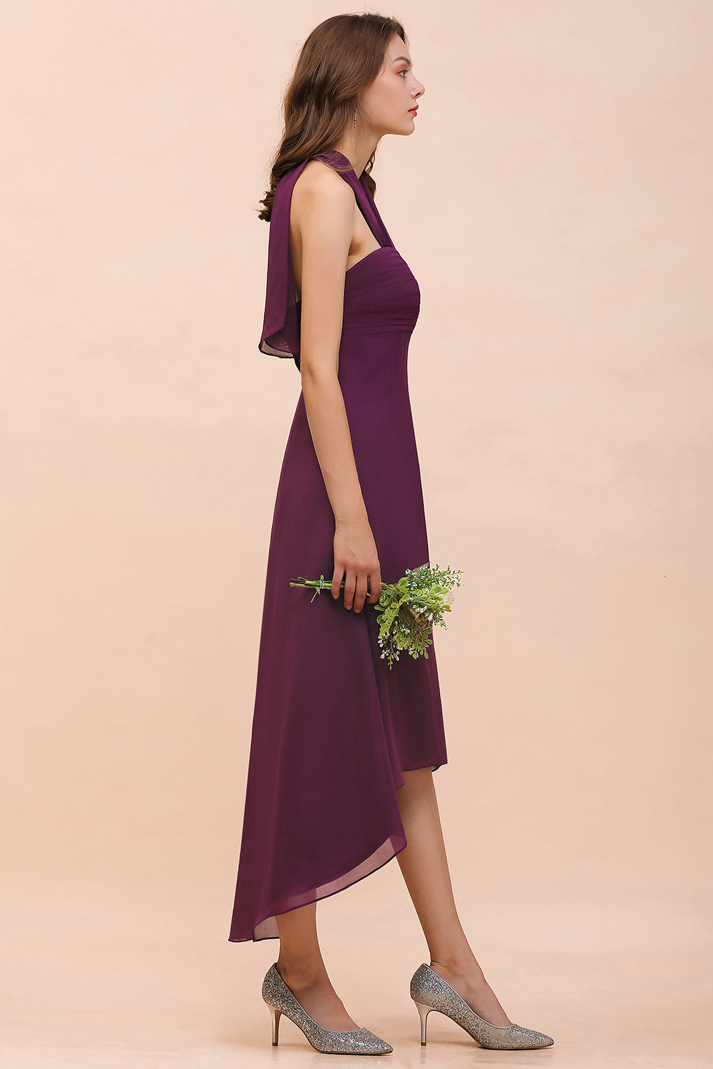 Stylish Hi-Lo Halter Grape Chiffon Affordable Bridesmaid Dresses with Ruffle-27dress