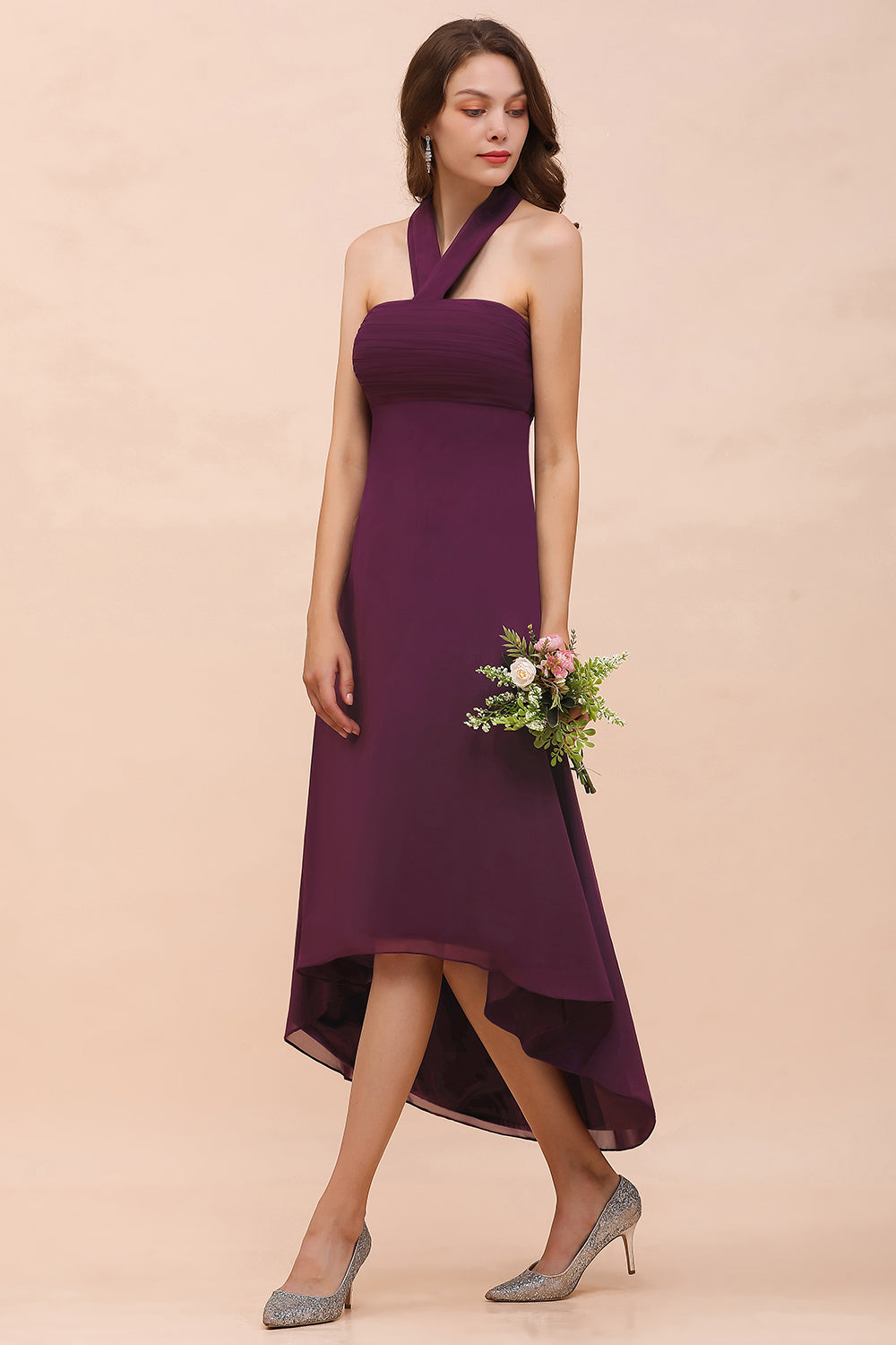 Stylish Hi-Lo Halter Grape Chiffon Affordable Bridesmaid Dresses with Ruffle-27dress