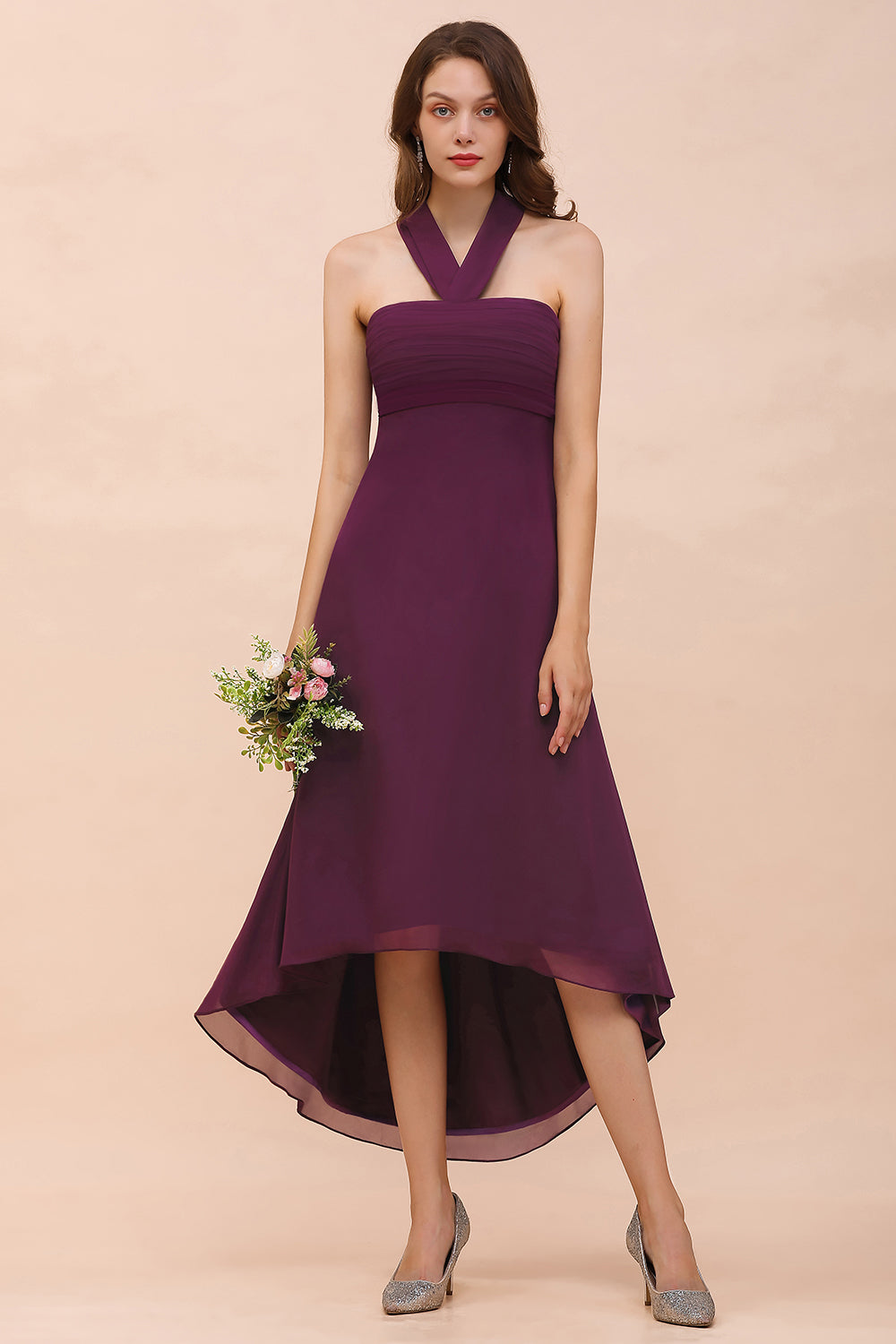 Stylish Hi-Lo Halter Grape Chiffon Affordable Bridesmaid Dresses with Ruffle-27dress