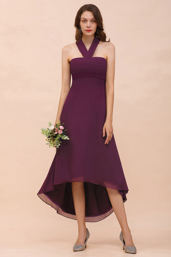 Load image into Gallery viewer, Stylish Hi-Lo Halter Grape Chiffon Affordable Bridesmaid Dresses with Ruffle-27dress
