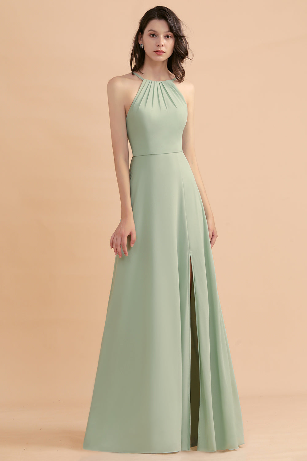 Stylish Jewel Sleeveless Dusty Sage Chiffon Bridesmaid Dress with Ruffles-27dress