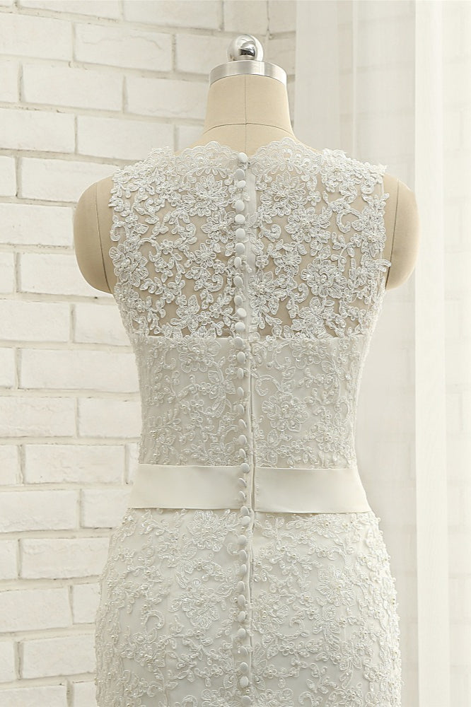 Stylish Jewel Sleeveless Mermaid Wedding Dresses White Lace Bridal Gowns With Appliques On Sale-27dress