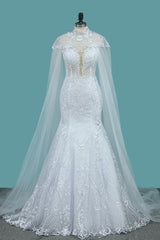 stylish Jewel Sleeveless White Tulle Wedding Dress Mermaid Appliques Bridal Gowns with Wraps Online-27dress