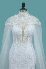 stylish Jewel Sleeveless White Tulle Wedding Dress Mermaid Appliques Bridal Gowns with Wraps Online-27dress
