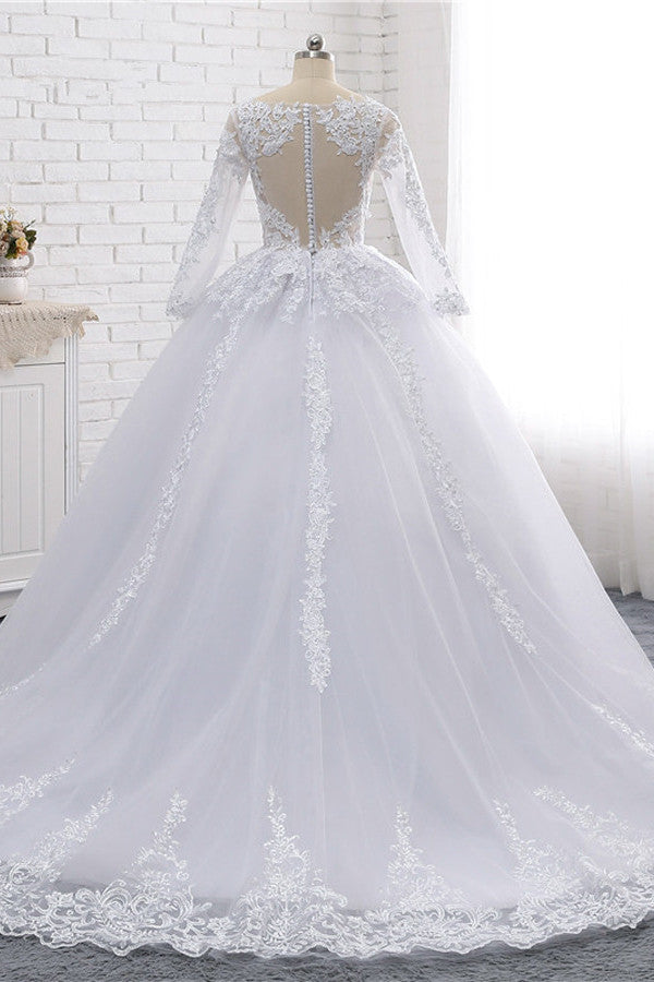 Stylish Long Sleeves Tulle Lace Wedding Dress Ball Gown V-Neck Sequins Appliques Bridal Gowns On Sale-27dress
