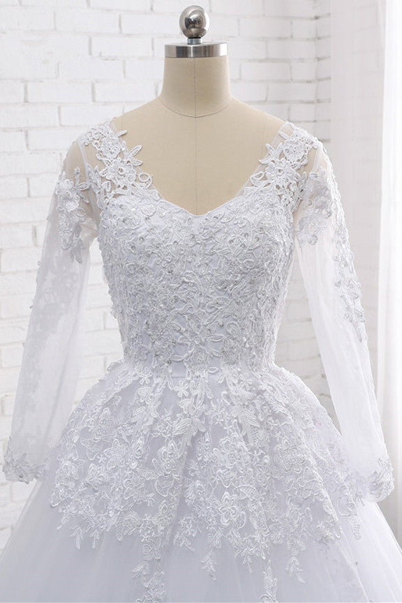 Stylish Long Sleeves Tulle Lace Wedding Dress Ball Gown V-Neck Sequins Appliques Bridal Gowns On Sale-27dress