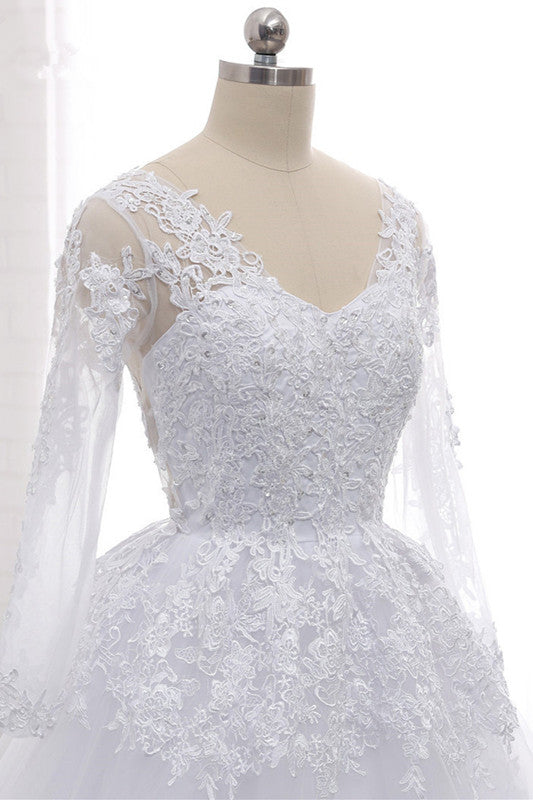 Stylish Long Sleeves Tulle Lace Wedding Dress Ball Gown V-Neck Sequins Appliques Bridal Gowns On Sale-27dress