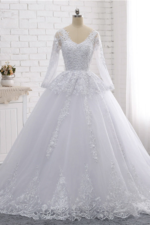 Load image into Gallery viewer, Stylish Long Sleeves Tulle Lace Wedding Dress Ball Gown V-Neck Sequins Appliques Bridal Gowns On Sale-27dress
