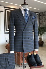 Stylish Peaked Lapel Double Breasted Plaid Navy Blue Business Suits