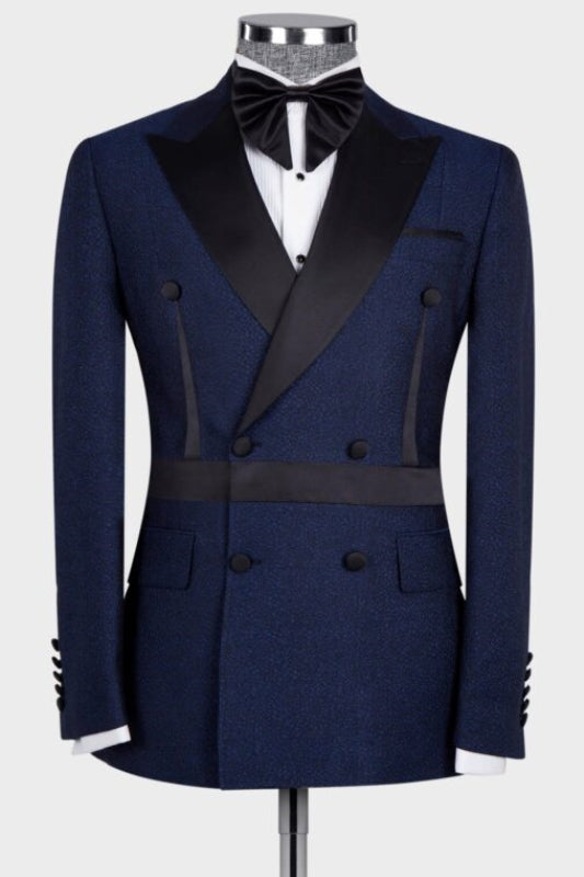 Stylish Peaked Lapel Double Breasted Navy Blue Prom Suits For Men