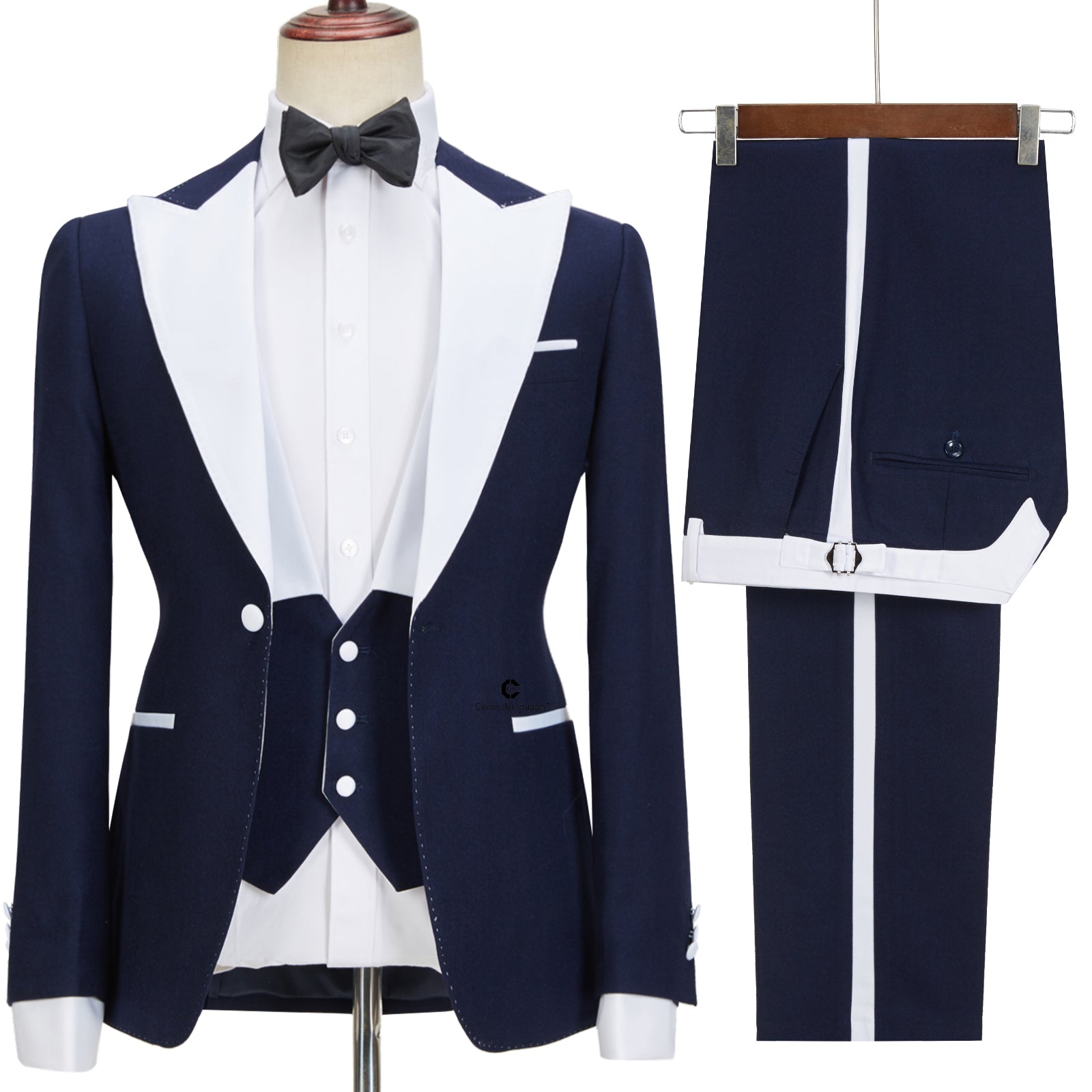 Stylish Navy Blue Peaked Lapel Slim Fit Three Pieces Men suits