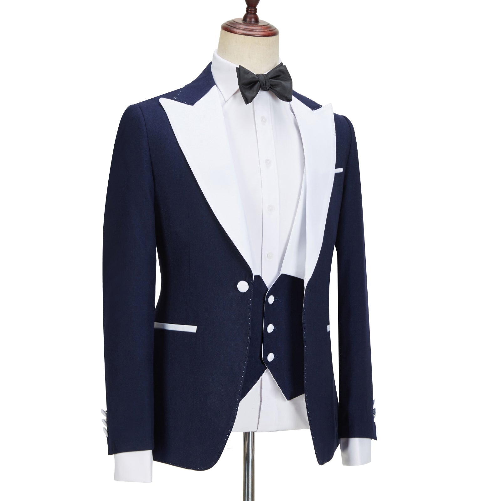 Stylish Navy Blue Peaked Lapel Slim Fit Three Pieces Men suits