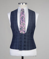 Stylish Navy Plaid Slim Fit Tailored Men Suit For Business