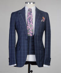 Stylish Navy Plaid Slim Fit Tailored Men Suit For Business